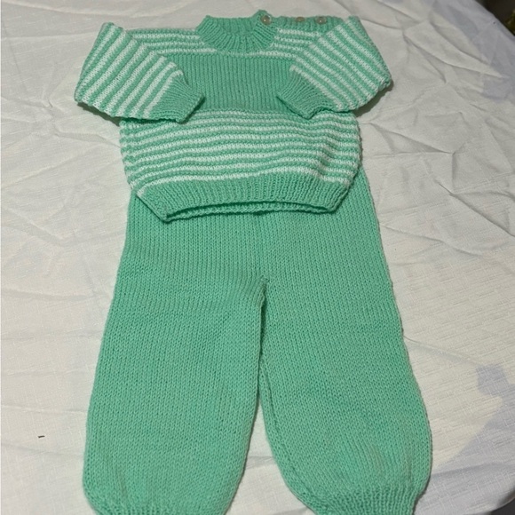 Other - Vintage Green and White Striped Knit Baby Outfit